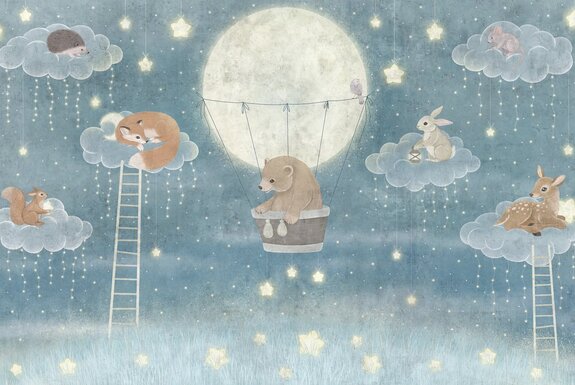 Animaux sur des nuages avec un ciel étoilé en arrière-plan