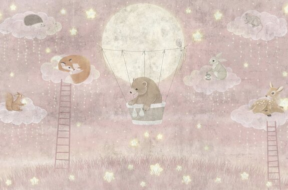 Animaux sur fond de ciel rose - illustration pour enfants