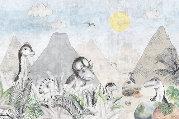 Des dinosaures dans un pays de conte de fées avec des volcans