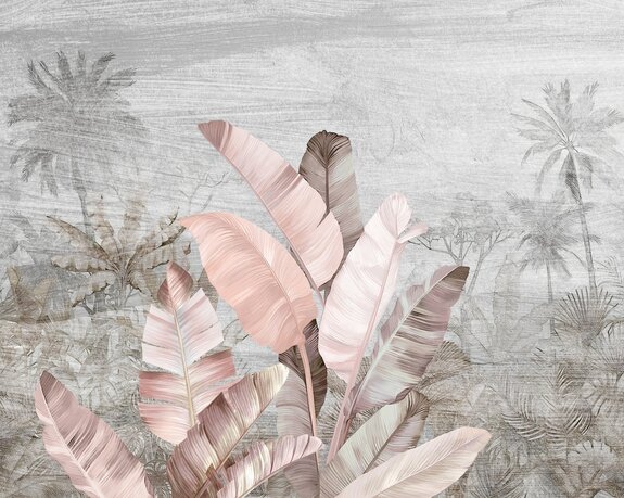 Feuilles tropicales pastel sur fond de palmier gris