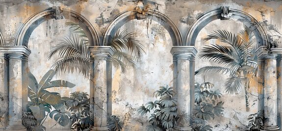 Une fresque murale avec des colonnes et des arches architecturales parmi les palmiers