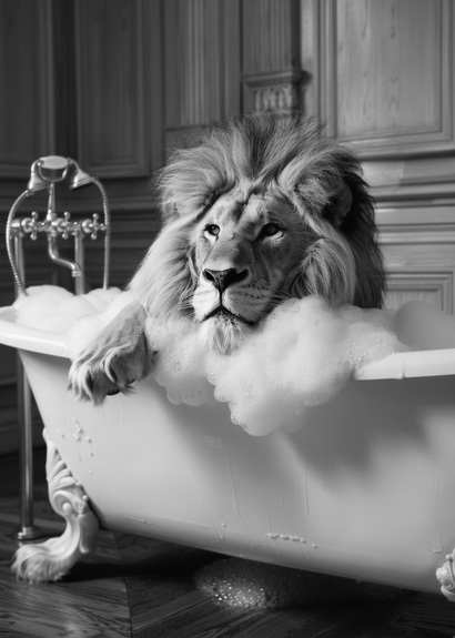 Lion dans la baignoire en noir et blanc