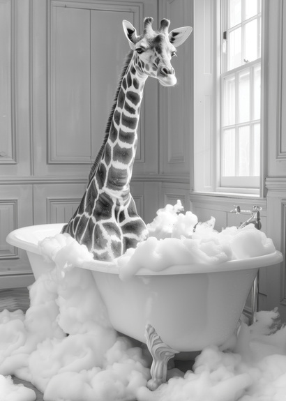 Girafe dans la baignoire pleine de mousse