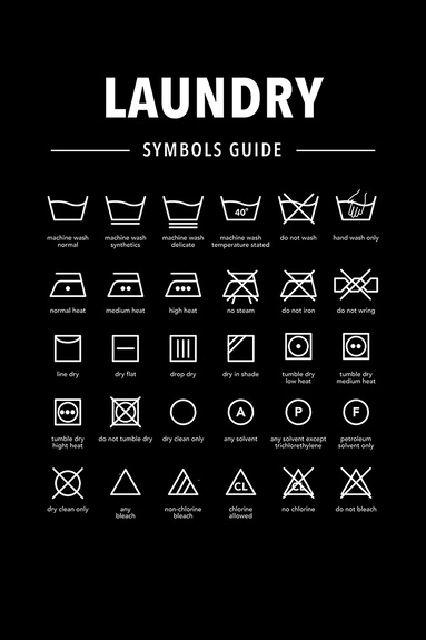 Symboles d’instructions de lavage sur fond noir