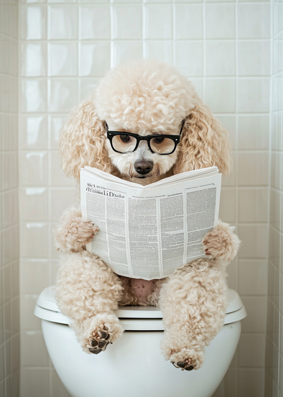 Adorable chien avec un journal sur les toilettes