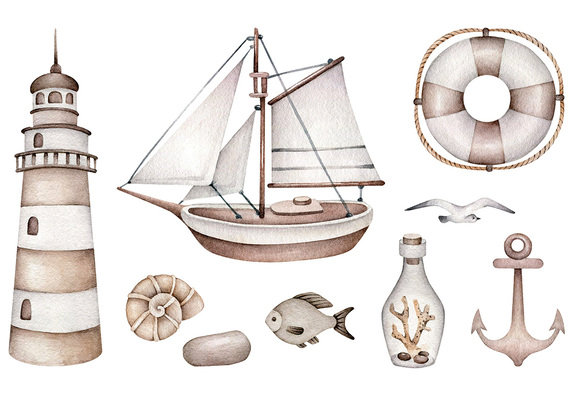 Illustration nautique d'un navire, d'un phare et d'une ancre