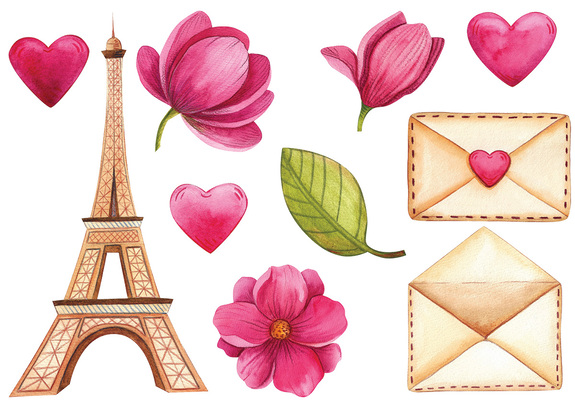 Tour eiffel fleurs de magnolia rose et cœurs