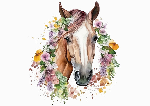 Portrait aquarellé d’un cheval parmi les fleurs