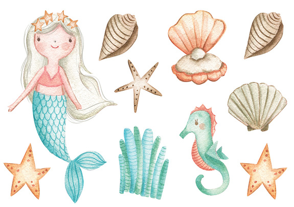Sirène aquarellée et coquillages