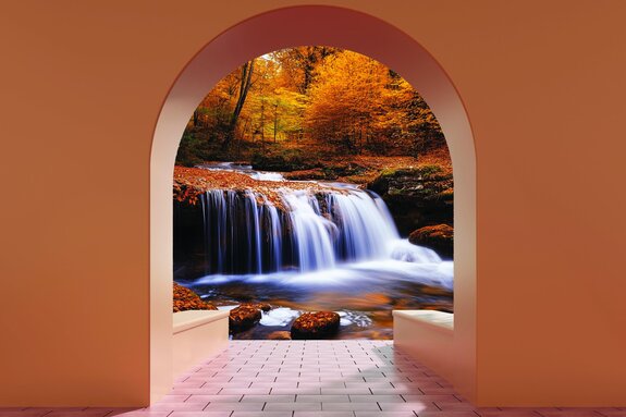 Vue sur une cascade dans la forêt automnale