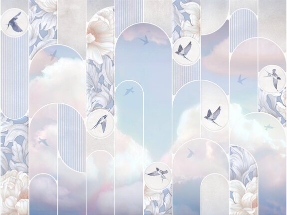 Oiseaux, nuages et fleurs en formes géométriques, motif pastel