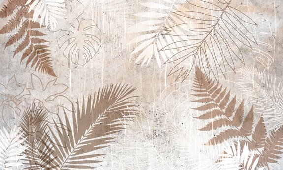 Feuilles de monstera, palmier et fougère sur fond texturé avec effet béton