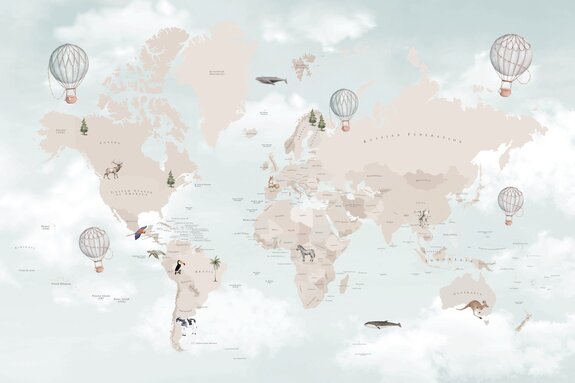 Carte du monde pour enfants sur fond de ciel avec des nuages