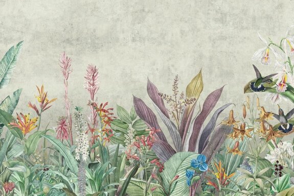 Feuilles tropicales colorées avec des oiseaux