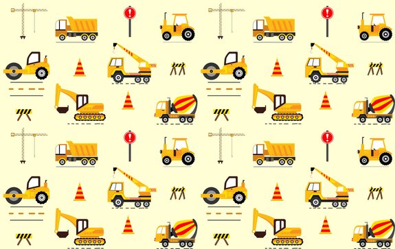 Voitures jaunes, pelleteuse, grue motif enfant