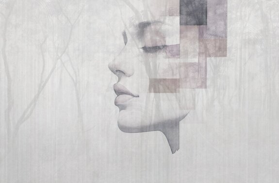 Portrait aquarelle d'une femme avec un paysage forestier d'arbres en arrière-plan