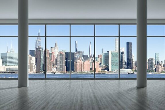 Toile de new york avec gratte-ciels vus à travers les fenêtres