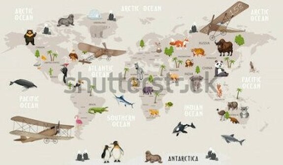 Carte du monde grise avec des animaux pour enfants