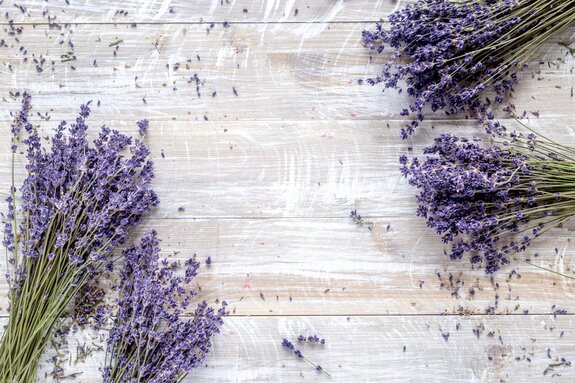 Bouquets de lavande sur une table en bois blanchie à la chaux