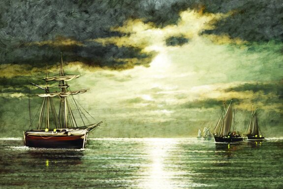 Croquis d'un voilier sur la mer au coucher du soleil