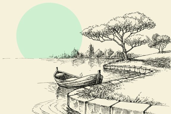 Dessin d'un bateau sur fond de forêt et de soleil