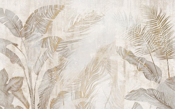 Feuilles tropicales sur fond beige-gris effet béton