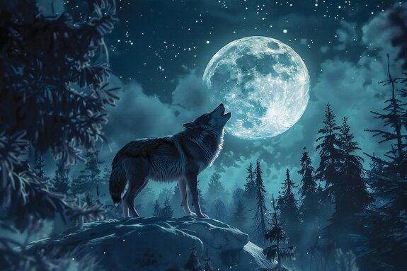Loup sur le versant de la montagne parmi les arbres et la pleine lune