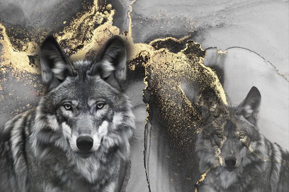 Portrait gris de loups avec ornement doré
