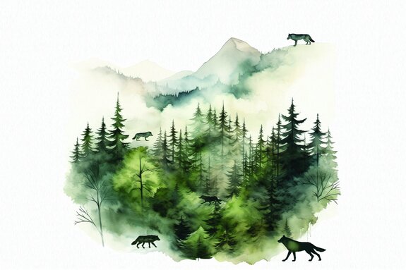 Paysage de collines avec des arbres et des loups