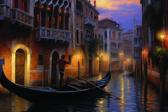 Panorama nocturne de venise avec un gondolier
