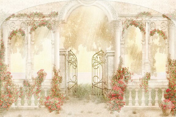 Jardin fleuri parmi l'architecture historique