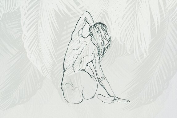 Croquis d'une femme délicate sur fond de feuilles