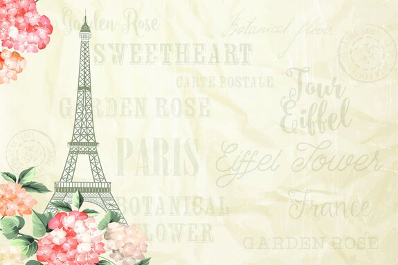 Tour eiffel parmi les fleurs et les inscriptions