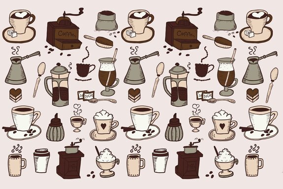 Motif café avec tasses et moulins