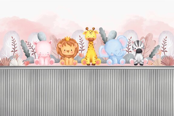 Animaux parmi la végétation sur des planches en bois