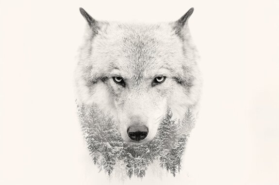 Portrait d’un loup avec imitation de forêt de conifères