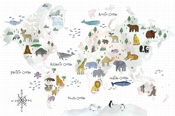 Carte du monde avec des animaux pour enfants
