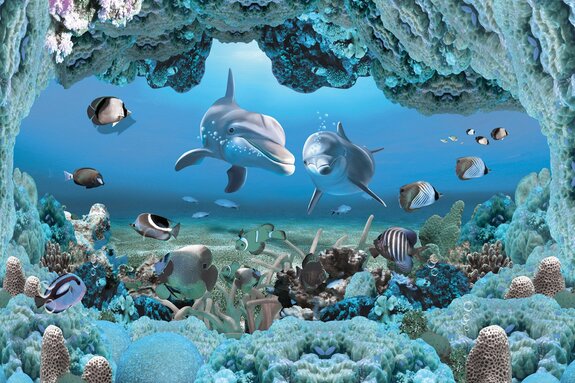 Dauphins parmi le récif corallien et les poissons