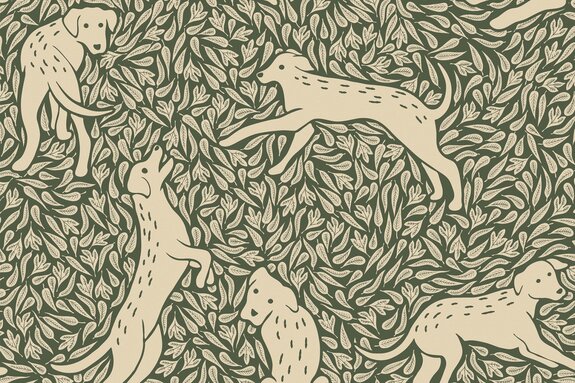 Motif botanique avec des chiens et de la verdure