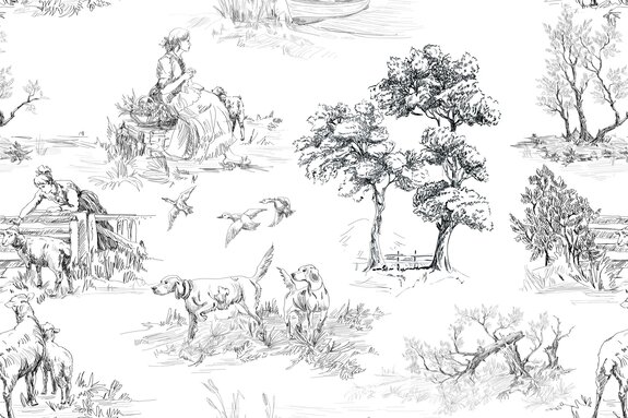 Dessin d'un village avec des arbres et des chiens