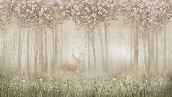 Paysage forestier avec des fleurs et un cerf