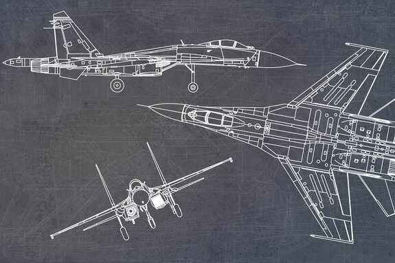 Dessin technique avion de chasse sur fond gris