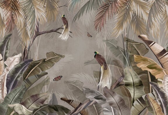 Papillons et oiseaux parmi des feuilles colorées