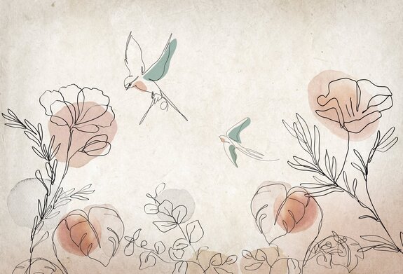 Aquarelle abstraite de fleurs et d’oiseaux