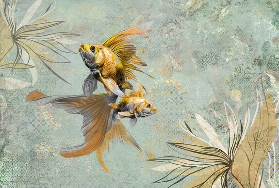 Poissons rouges avec des plantes sur un fond vintage