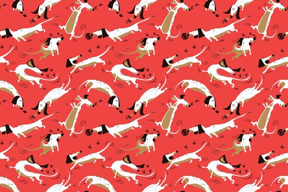 Motif de bande dessinée chiens sur fond rouge