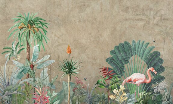 Imitation de jungle avec un flamant rose sur le béton