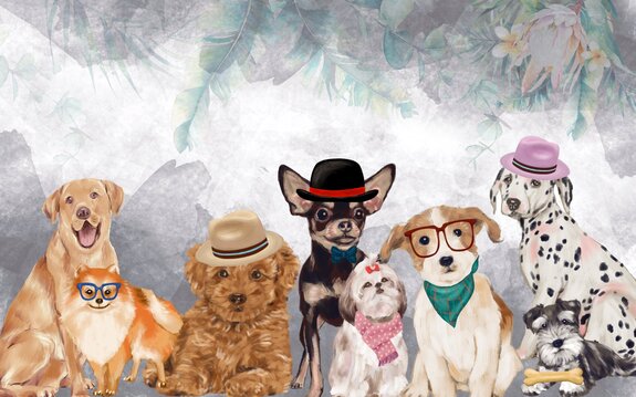 Chiens amusants sur fond aquarelle avec fleurs et feuilles
