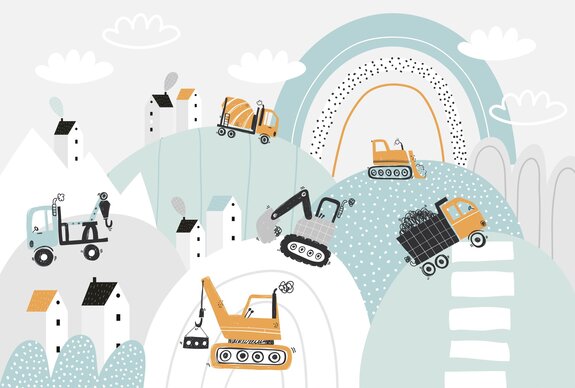 Engins de chantier sur les collines parmi les nuages