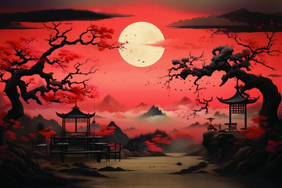 Paysage japonais au coucher du soleil